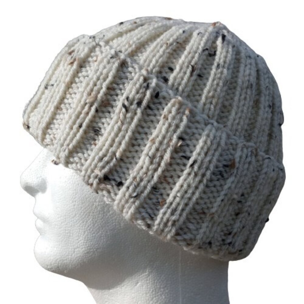 Mens Hipster Wide Cuff Beanie Hat Hand Knit Rib Acrylic Sailor Womens Biscotti M